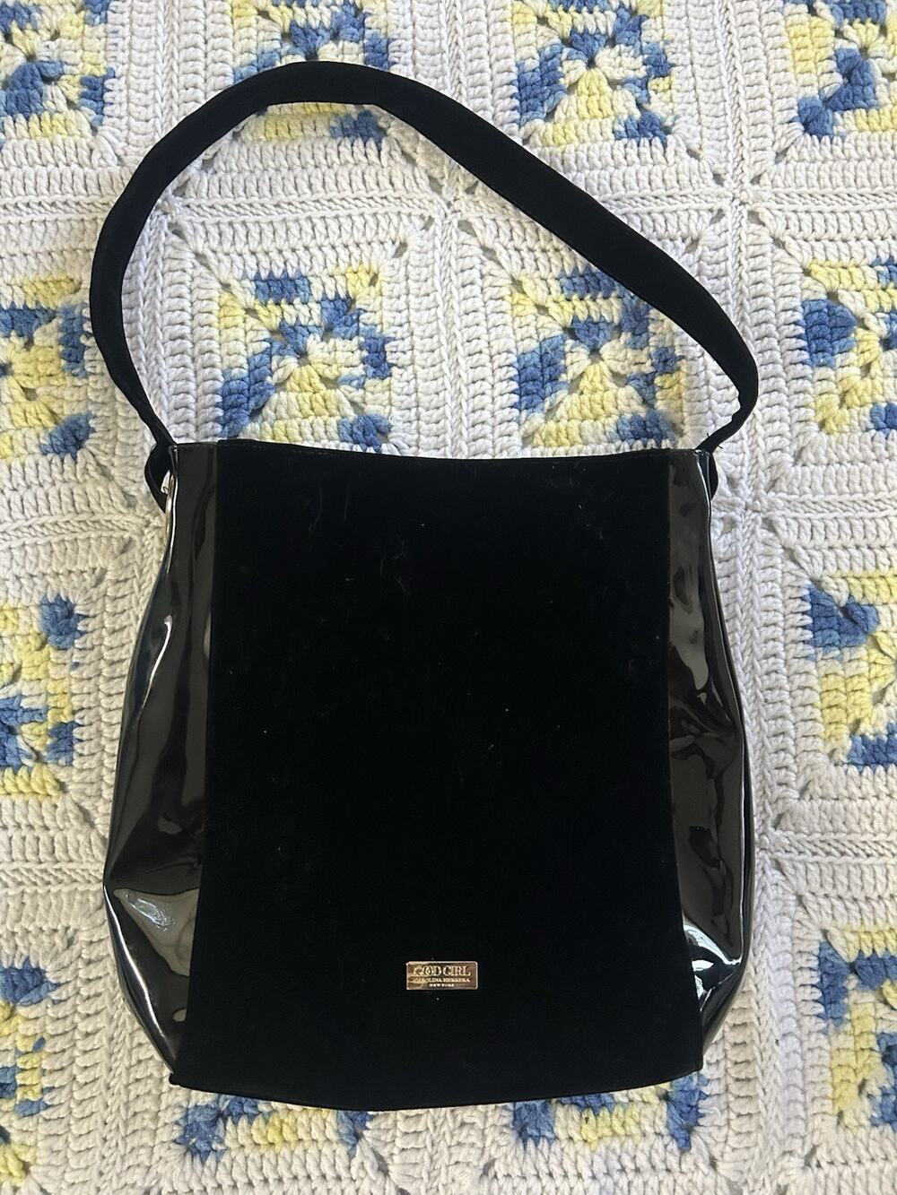 Carolina Herrera Good Girl Tote Bag Black Velvet Vinyl 13x9x4 Shoulder Bag